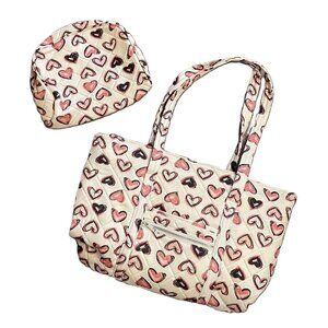 NEW QUILTED BAG PURSE SET White with Pink Hearts WOMAN WITHIN 2 Piece Set  0958A